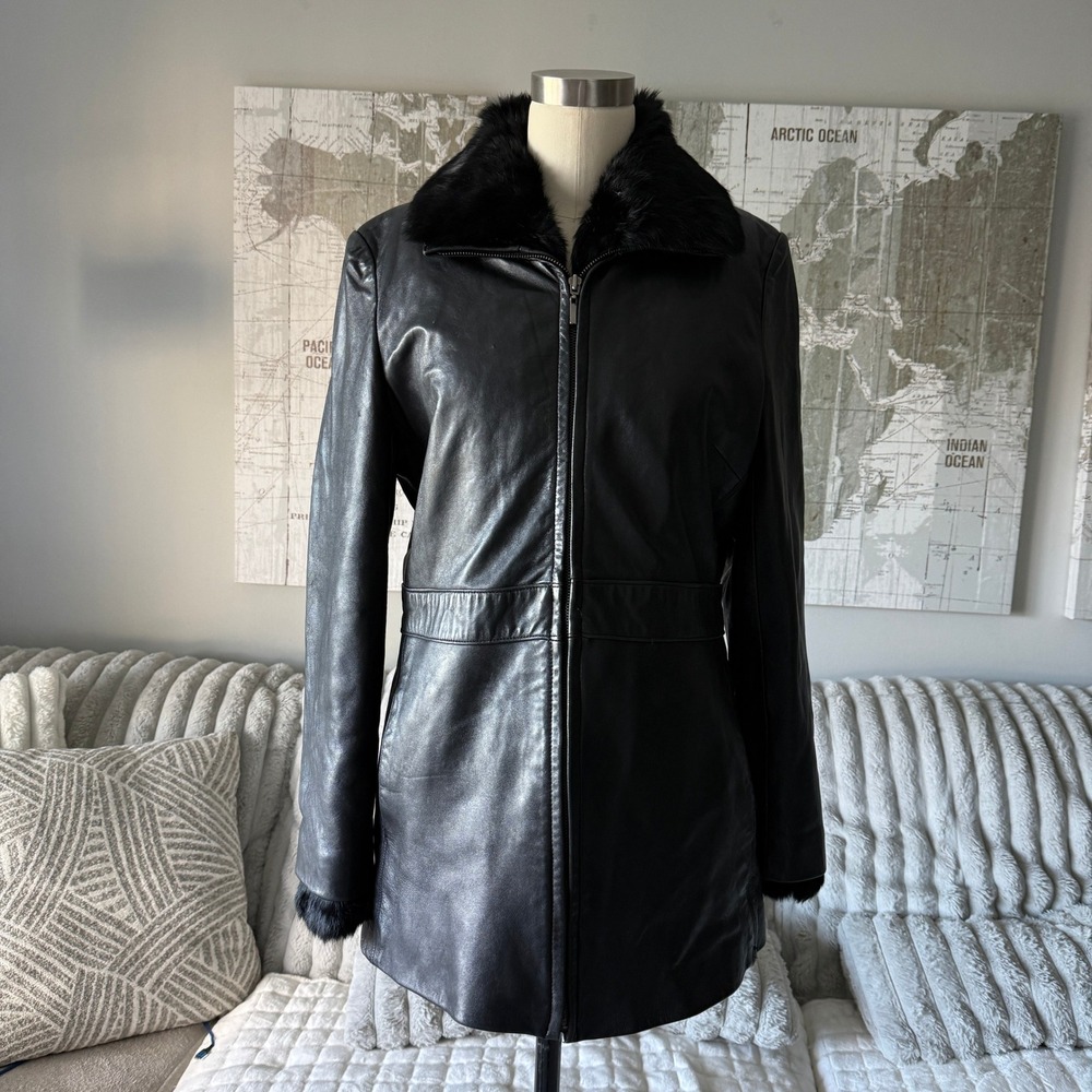 Wilsons Leather Pelle Studio Black Leather Coat Rabbit Fur Trim Small